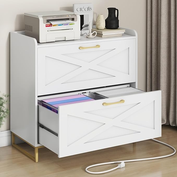 2 Drawer Lateral File Cabinet, Filing Cabinet with Charging Station for Letter/Legal/A4 Size Hanging Files, Modern Farmhouse File Storage Cabinet for Home Office, Printer Stand with Storage, White