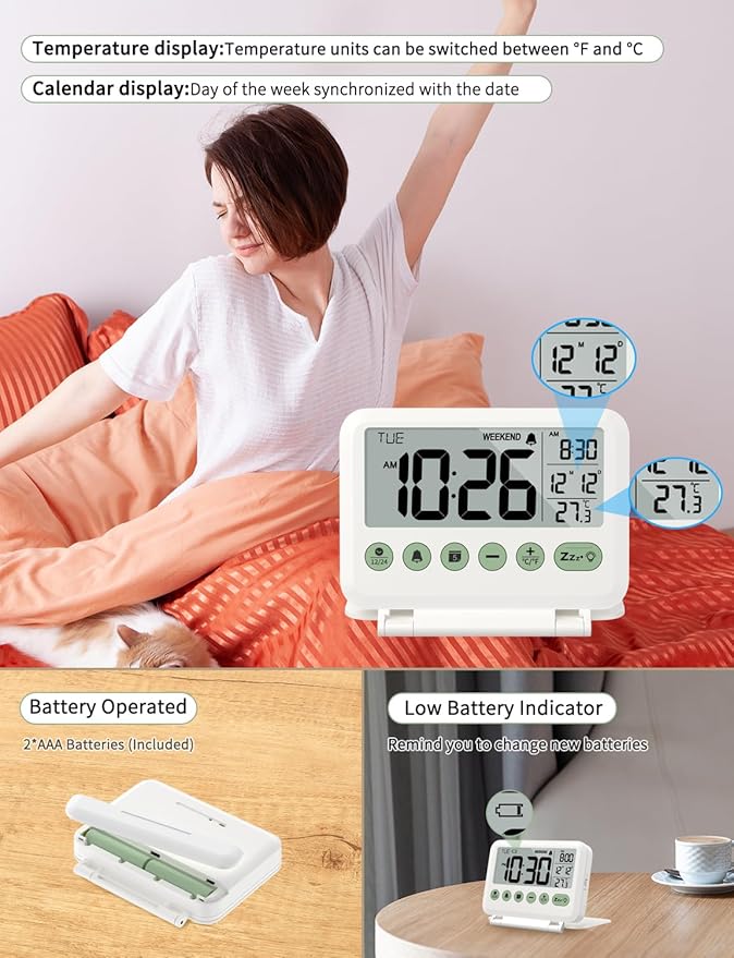 Digital Travel Alarm Clock - 3.54 inch LCD Display, 9-Minute Snooze, 2 Volume Levels, Backlight, Battery Included (White)