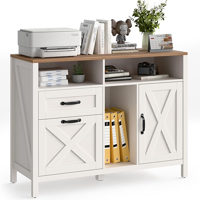 Vabches Lateral File Cabinet, Farmhouse 2 Drawer File Cabinet with Open Storage Shelf for Letter/Legal/A4 Size Hanging Files, Large Wood Storage Cabinets Printer Stand for Home Office, White