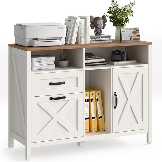 Lateral File Cabinet with 2 Drawers and Door, Farmhouse File Cabinet for A4/Letter Size Hanging Files, Large Wood File Storage Cabinets Printer Stand with Open Space for Home Office Furniture, White