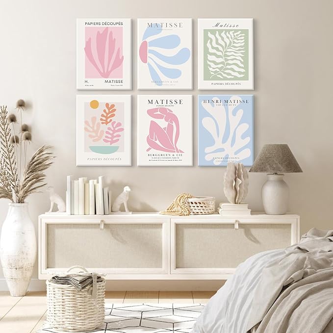 Henri Matisse Wall Art Prints Pink Blue Canvas Wall Decor Aesthetic Pictures Wall Art Danish Pastel Painting Henri Matisse Poster Trendy Artwork for Bedroom 12x16 Inch Wrapped Canvas Set of 6