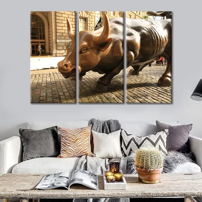 TUMOVO Modern Wall Decor 3 Panels America Famous Attractions Wall Street Bull Pictures Printed on Canvas for Bedroom Living Room Office Stretched and Framed Ready to Hang - 36" Wx24 H