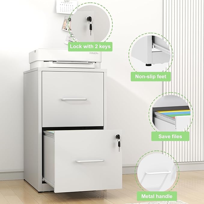 2 Drawer File Cabinet with Lock,White Metal Filing Cabinets for Home Office,Steel Vertical File Cabinet,Heavy Duty Metal Storage Cabinet for Letter Size Files,Assembly Required