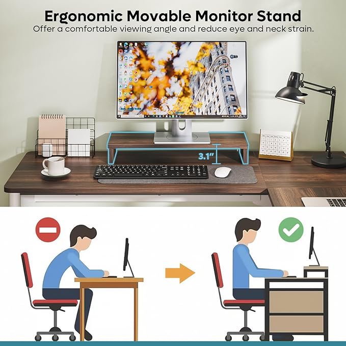 Bestier L Shaped Desk with File Drawer, 55.7" x 55" Office Computer Desk with Round Corners, Modern Desk with Monitor Stand & Fluted Panels for Home Office, White & Walnut