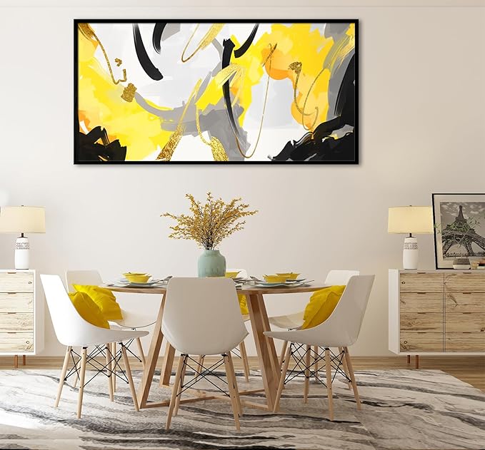 Yellow and Black Canvas Wall Art for Living Room, Colorful Fluid Lines Wall Decor Canvas Paintings, Black Framed Artwork Modern Paintings Pictures Wall Decor 24" x 48"(Framed)
