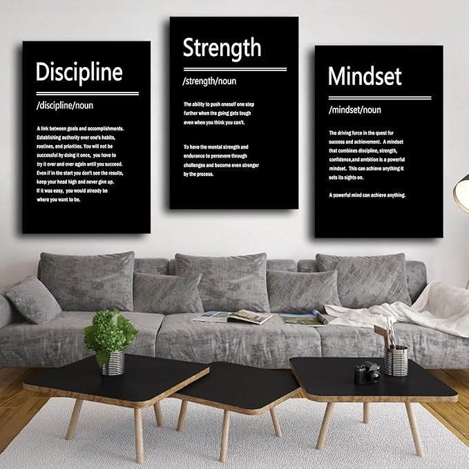 Strength Discipline Mindset Motivational 3 Piece Canvas Wall Art Posters Inspirational Entrepreneur Quote Positive Artwork for Living Room Office Wall Decoration Stretched and Framed [72''Wx 36''H]