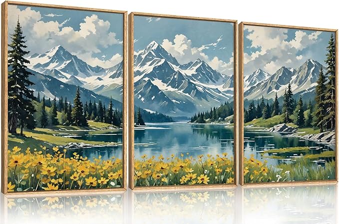 BICERE Large Snow Mountain Wildflower Framed Canvas Wall Art,Pine Tree Woodland Wall Decor,Forest Floral Lake Wall Painting,Watercolor Scenery Artwork for Living Room,Bedroom,Dining Room,Office -24"x36"x3