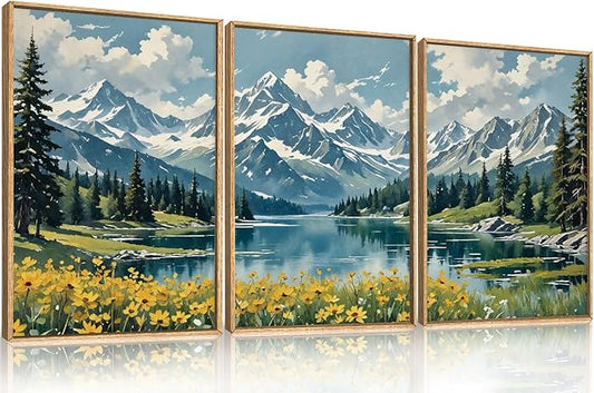 Large Snow Mountain Wildflower Framed Canvas Wall Art,Pine Tree Woodland Wall Decor,Forest Floral Lake Wall Painting,Scenery Artwork for Living Room,Bedroom,Dining Room,Office -16"x24"x3