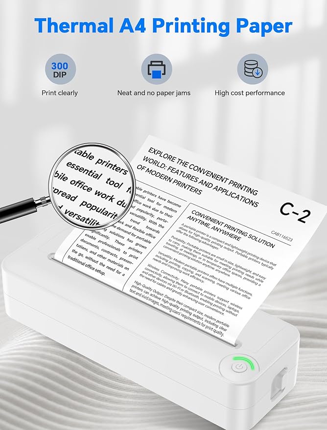 Relassy Portable Wireless Thermal Printer, Inkless A4 Printer for Travel, Home & Office, Compatible with Android, iOS, Laptops, 300DPI Compact Bluetooth Printer with Rechargeable Battery