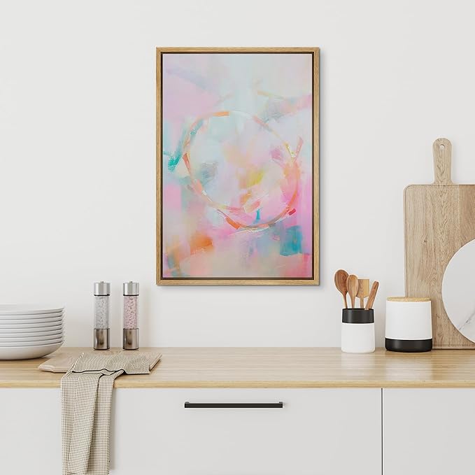 SIGNFORD Framed Canvas Print Wall Art Watercolor Blush Pink Teal Paint Abstract Geometric Illustration Minimalism Decorative Colorful Mid-Century for Living Room, Bedroom, Office - 16"x24" Natural