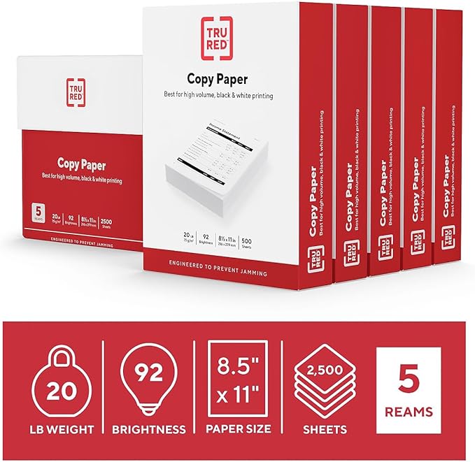 TRU RED Copy Paper, 8.5" x 11" Sheet Size, 92 Brightness, 20 lbs., Smooth Finish White Paper (500 Sheets/Ream)