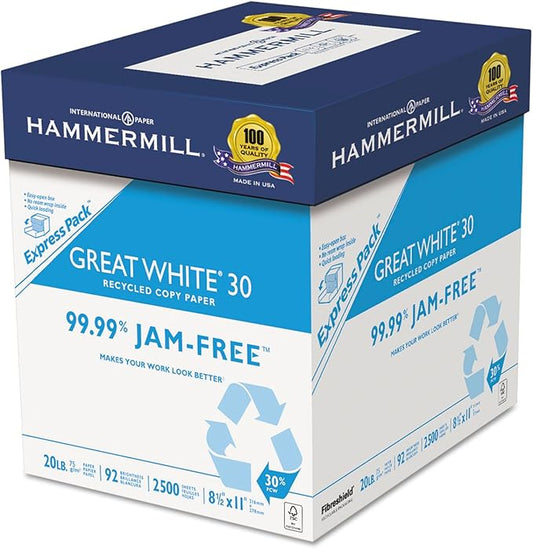Hammermill Printer Paper, Great White 30% Recycled Paper, 8.5 x 11-1 Express Pack (2,500 Sheets) - 92 Bright, Made in the USA, 067780