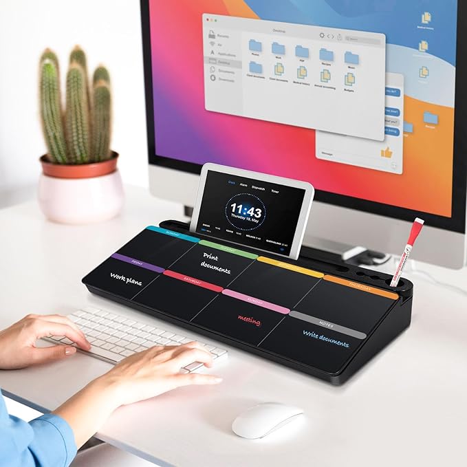 DOLLAR BOSS Glass Desk Whiteboard Calendar Small Dry Erase Board Desktop White Board with Storage Drawer Computer Keyboard Stand Desk Organizer, Colorful Weekly Calendar, Black