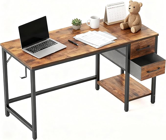Cubiker Computer Home Office Desk with Drawers, 47 Inch Small Desk Study Writing Table, Modern Simple PC Desk, Vintage Brown