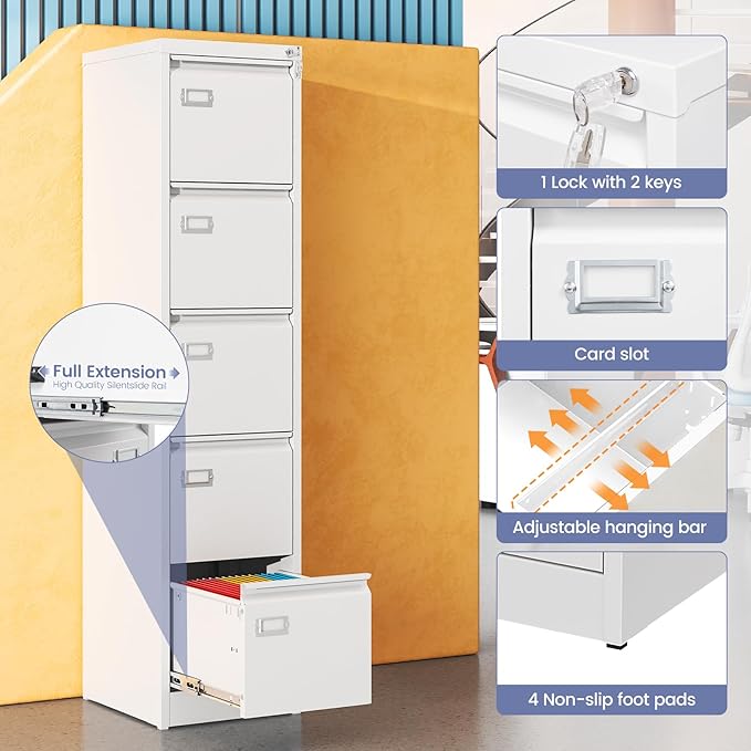 5 Drawer File Cabinet, White Metal Filing Cabinets with Lock Name Card Holder, Metal Vertical Filing Cabinets for Home Office, Steel Storage Cabinet fits Letter/Legal/A4 Size(Assembly Required)
