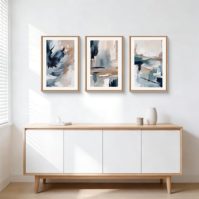 Abstract Navy Blue Framed Canvas Wall Art Set,Neutral Brush Stroke Wall Decor,Watercolor Pastel Brown Artwork,Modern Minimalist Color Block Art Print for Living Room,Bedroom,Office-16 x24 x3