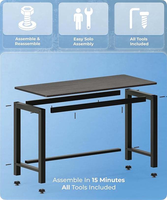 51" Home Office Desk Modern Computer Desk 51.2x23.6x29.5 inches PC Table with Thicken Frame Industrial Style Sturdy Metal Frame Furniture for Writing Gaming Black+Black