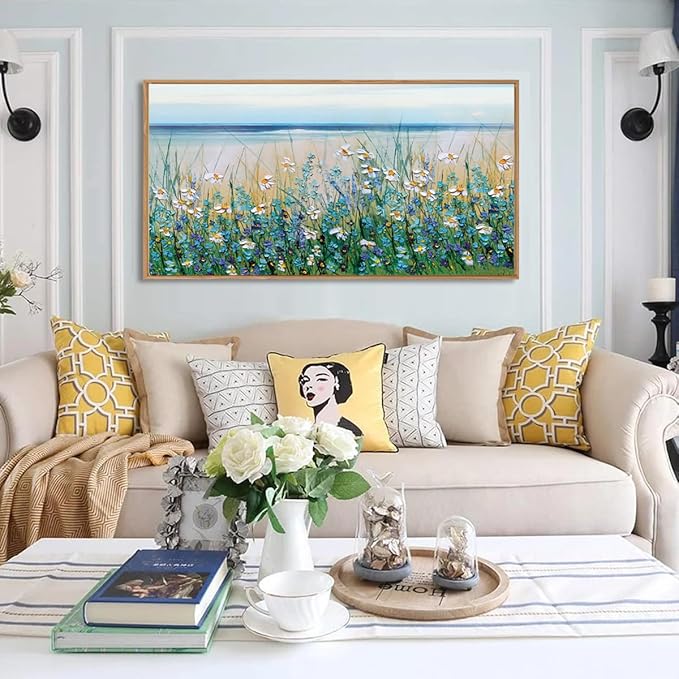 BINCUE Large Blue Seaside Floral Framed Wall Art,Nature Blue Flower Canvas Wall Decor,Wildflower Artwork Blossom Botanical,Flower Sea Landscape Daisy Paingting for Living Room Bedroom Home 20''x40''