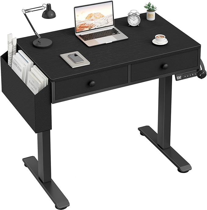 Electric Standing Desk with Drawers - 32 Inch Small Black Height Adjustable Sit Stand Desk with Storage for Home Office Bedroom, Study Writing Compact Stand up Computer Desks for Boys Girl Work