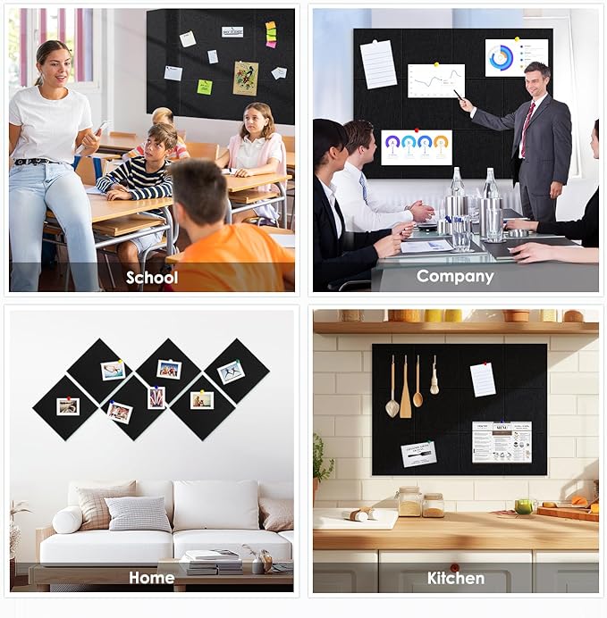 Large Cork Board for Walls 48"x36" |Cork Board Alternative| 12 Pack Felt Wall Tiles| Black Bulletin Board with Removable Adhesive | Cork Boards Pinboard for Office Home Classroom,Black