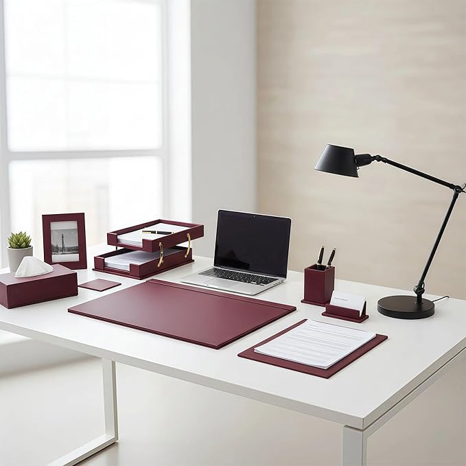 Desk Set,15-Piece Leather Desk Organizer Set, Executive Office Accessories with Desk Pad & Blotter, 2-Tier Tray, Pen Holder & More, Professional Office Desk Decor & Gift Set (Burgundy)