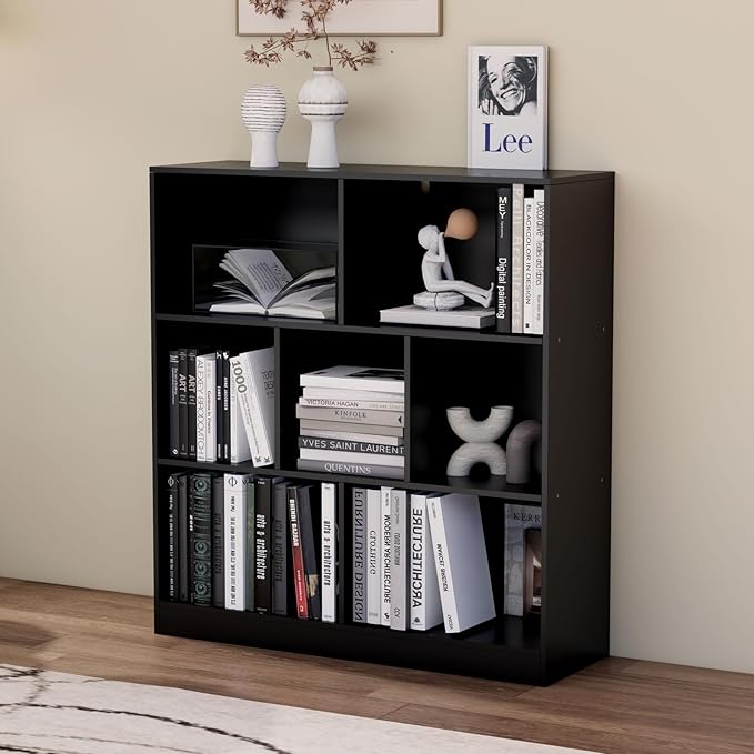 Black Bookshelf, Wooden Bookshelf with Base, Cube Storage Organizer, Bookcase for Living Room,Bedroom,Study and Office(Black, 7-Cube)