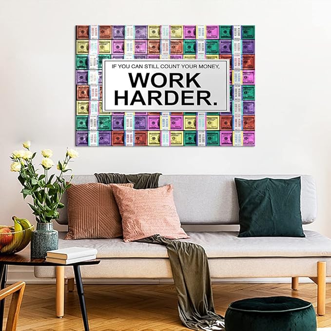 Creative Colorful Money Canvas Wall Art Motivational Quote Work Harder Artwork Inspirational Framed Office Art Print for Gym Work Place Wall Hangings Gallery Wrapped Easy to Hang,44" Wx28 H