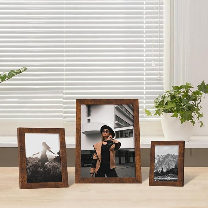 iRahmen Collage Picture Frames Set of 10, Wall Decor for Mounting or Tabletop Display, Family Photo Gallery Frame Set - Multi Sizes Including Two 8x10, Four 5x7, Four 4x6, HD Glass, Rustic Wood, Dark Brown