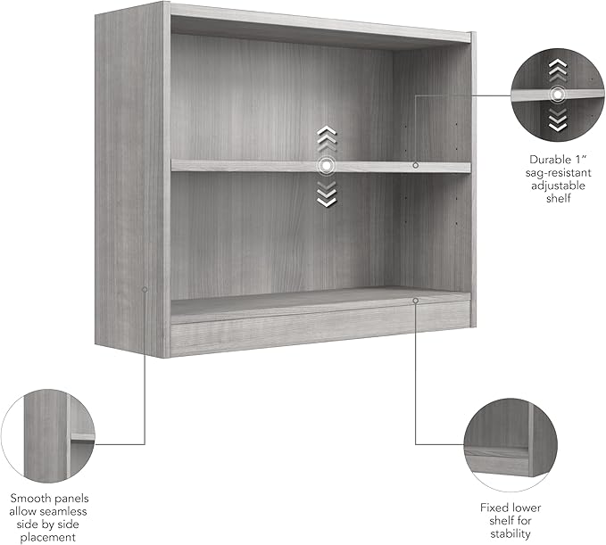 Bush Home Universal Small 2 Shelf Bookcase in Platinum Gray, Low Storage and Display Bookshelf for Home Office or Living Room Organization