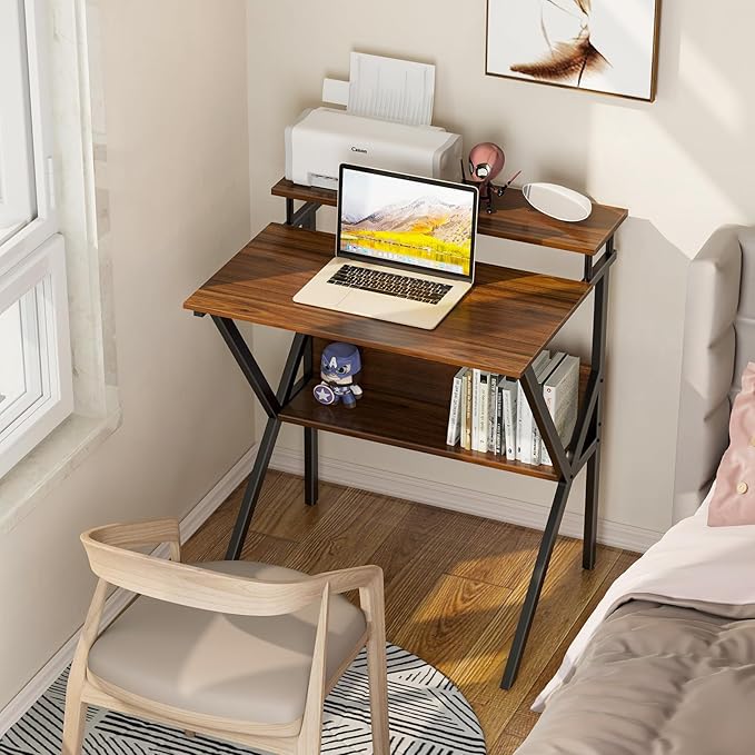 ODK Small Desk, 27.5 Inch Computer Desk for Small Spaces, Kids Desk with Storage, Study Table with Monitor Stand for Homeschool, Deep Brown