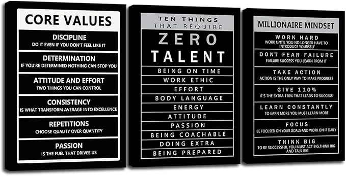 Inspirational Poster Ten Things That Require Zero Talent Motivational Wall Art 3 Pieces Core Values Canvas Prints Artwork for Living Room Modern Home Office Decor Painting Framed[60" W X 28" H]