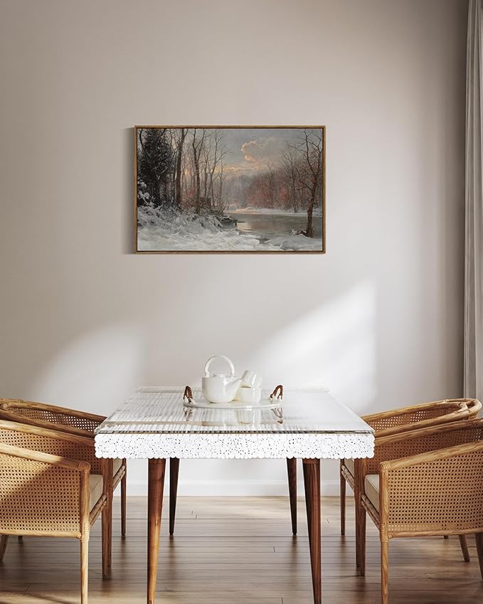 ARPEOTCY Vintage Framed Canvas Wall Art, Christmas Wall Art, Snow Straem River Tree Cloud Farmhouse Landscape Art Hanging Paintings for Living Room Bathroom Bedroom, 20x30 Inch