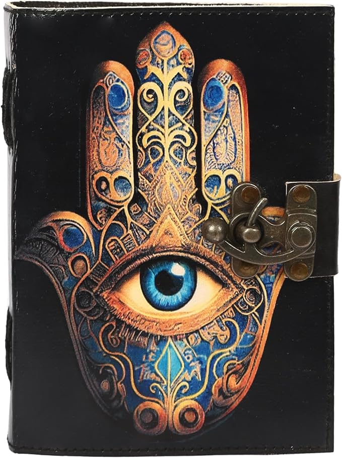 TUZECH Book of Spells Leather Bound Journal Deckle Edge Paper Grimoire Printed Diary Third Eye witchcraft supply and Witch Spell Notebook Antique Vintage Book for Men and Women (The Khamsa Symbol)