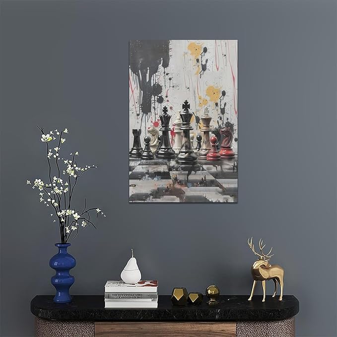 Chess Wall Art Intelligence Game Room Pictures Wall Decor Graffiti Chess Challenge Canvas Painting Print Home Modern Artwork Decorations Framed for Bathroom Living Room Bedroom Office 16 x 24 inch