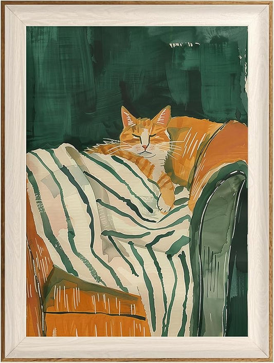 ASTRDECOR Minimalist Framed Wall Art - Cozy Cat Sleeping on Couch with Vintage Green & White Striped Blanket, Trendy Cute Orange Cat Canvas Posters, Modern Aesthetic Bedroom Apartment or Living Room Décor 12x16Inch