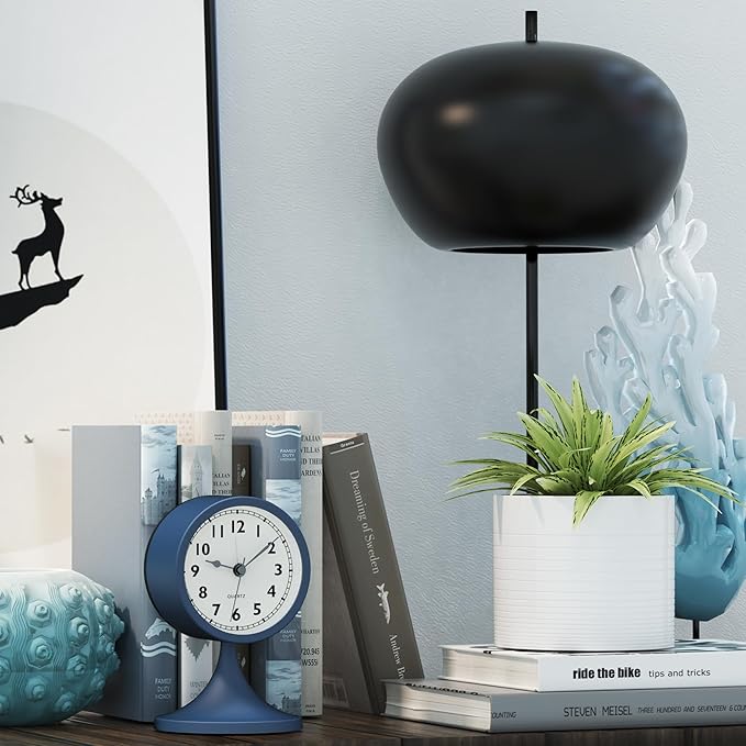 AYRELY® 3" Cute Analog Alarm Clock,Small Retro Table Clock Battery Operated,Slient Metal Desk Clock with Light for Living Room Decor,Bedroom,Bedside,Shelf (Navy Blue)