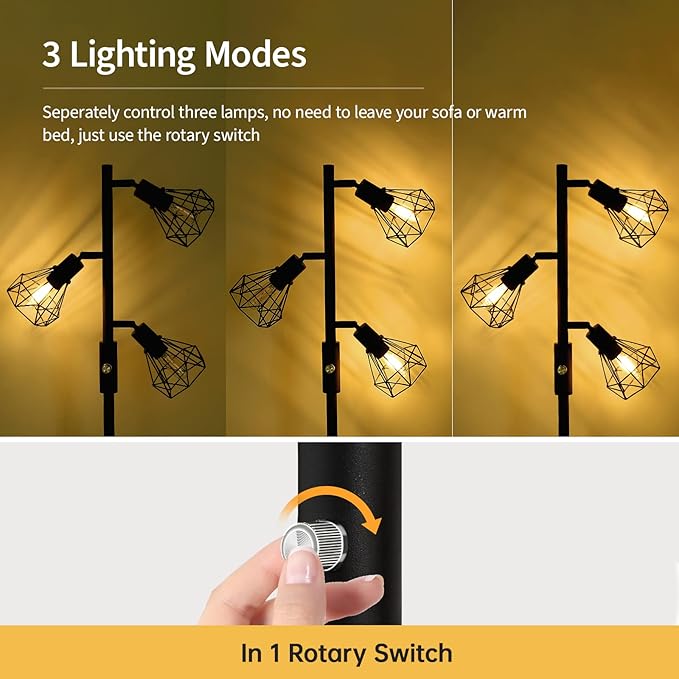 Floor Lamp, Industrial Floor Lamps for Living Room,Tree Standing Lamp Bright with 3 Charm Diamond Head 1200 Lumens Edison Bulbs LED,3 Way Switch,Modern Stand up Lamp for Bedroom Office Farmhouse