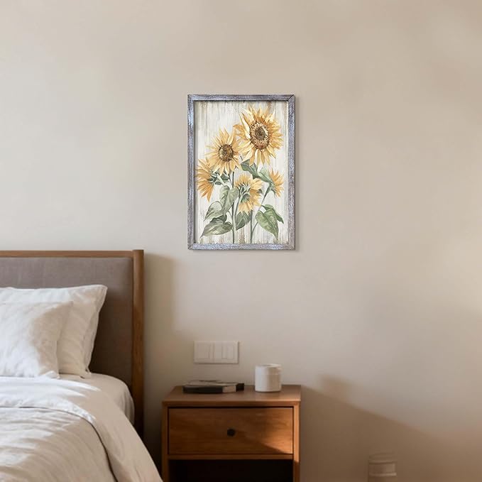 Sunflowers Wall Art Painting - Vibrant Yellow Floral Canvas with Distressed Frame for Bathroom and Bedroom Decor 11"x16"