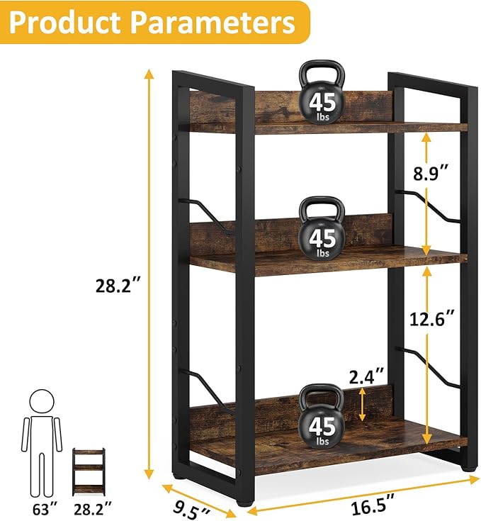 Hosfais Book Shelf Small Bookshelf: 3-Tier Wood Bookcase Industrial Bookshelf with Edge Protection Metal Narrow Bookcase Storage Organizer Display Rack for Bedroom Home Office (Rustic Brown)