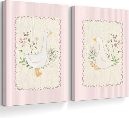 Vintage Nursery Wall Art Silly Goose Canvas Poster Pink Coquette Wall Decor Girls Room Pictures Baby Kids Poster Cute Animal Prints Floral Painting Artwork for Gallery Bedroom 16x24 Inch Ready to Hang