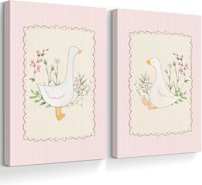 Vintage Nursery Wall Art Silly Goose Canvas Poster Pink Coquette Wall Decor Girls Room Pictures Baby Kids Poster Cute Animal Prints Floral Painting Artwork for Gallery Bedroom 12x16 Inch Ready to Hang