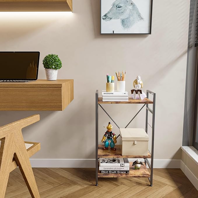 Bookshelf Organizer,3 Tiers Rustic Brown Small Bookcase for Small Space,Industrial Wooden Storage Bookcase Display Rack and Storage Organizer for Living Room and Home Office