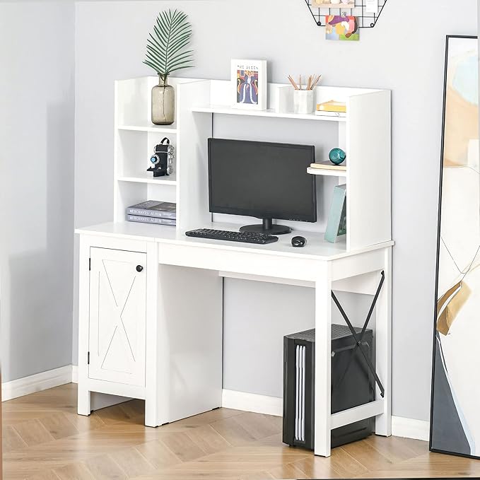 HOMCOM Farmhouse Computer Desk with Hutch and Cabinet, Home Office Desk with Storage, for Study, White