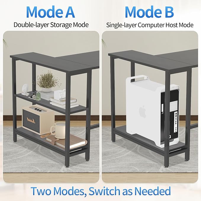 43Inch Corner Computer Desk, Gaming Desk with Reversible Storage Shelves Left/Right,Small L Shaped Desk with 2-Tier Shelves & Adjustable Feet Pad for Home Office Gaming (39 Inch)