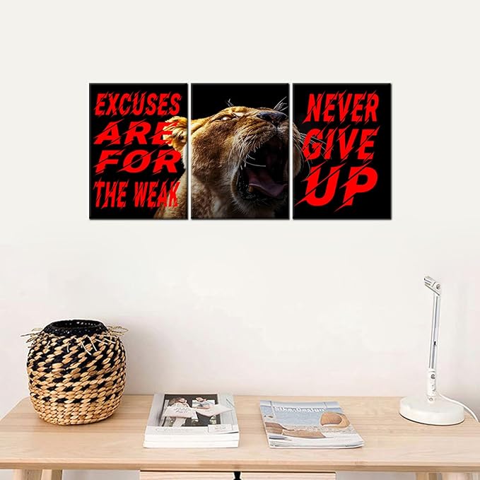 Motivational Canvas Wall Art Never Give Up 3 Separate Poster Print Positive Entrepreneurs Quotes Picture Painting Inspiring Talent Phrase Wall Decor for Office Gym Artwork Ready to Hang [36''Wx16''H]