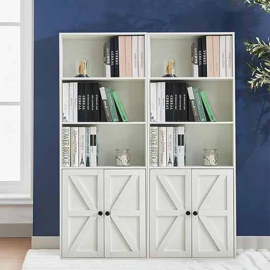 Bookshelves and Bookcases with Barn Doors Set of 2, Farmhouse Bookshelf with Display Shelves, Floor Standing 5-Tier Book Shelf with Storage Cabinet for Home Office, Living Room, Bedroom