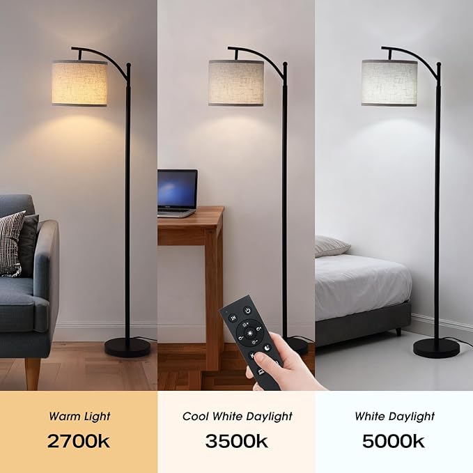 Arc Floor Lamp with 3 Color Temperatures, 9W LED Remote-Controlled Light, Tall lamp with Foot Switch and Timer Function, Modern Standing Lamp for Living Room, Bedroom, Office Reading, Black
