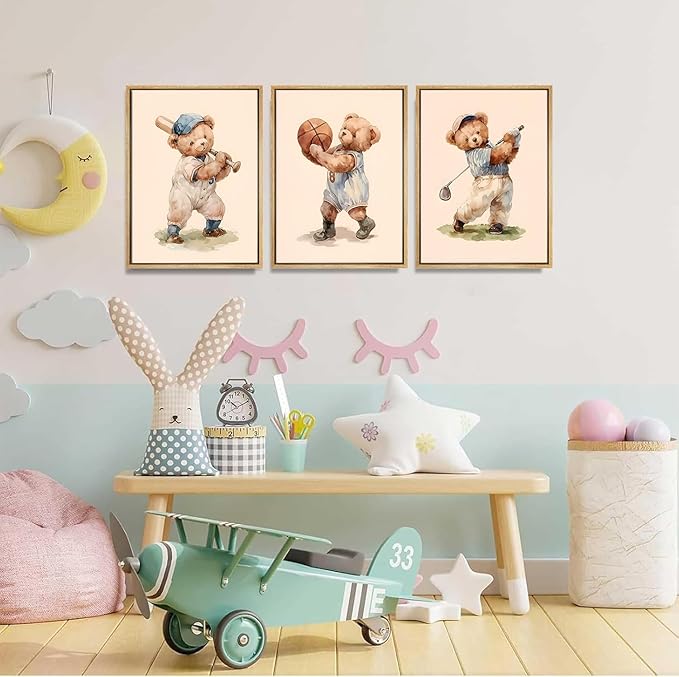 Teddy Bear Sports Nursery Animal Wall Art Cute Woodland Rugby Wall Decor Pictures Vintage Basketball Baseball Kids Room Canvas Poster Prints for Boys Room Bedroom Decorations (16x24in Unframed)