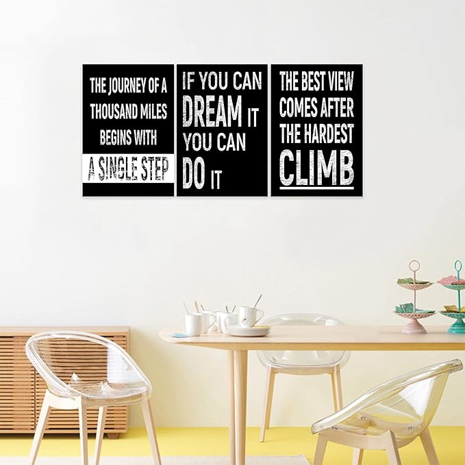 3 Piece Inspirational Wall Art, Black Background Sayings Picture, Quotes Motivational Canvas Prints for Gym Wall Decor, Triptych Entrepreneur Painting Framed Artwork for School Decor (36"Wx24" H)