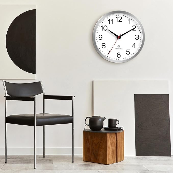 AKCISOT Atomic Wall Clock 12 Inch Clocks for Kitchen, Battery Operated Clock for Bedroom Office Classroom Living Room(Silver)